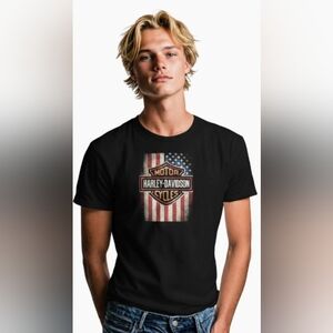 Harley-Davidson Black Tee with American Flag Graphic Unisex